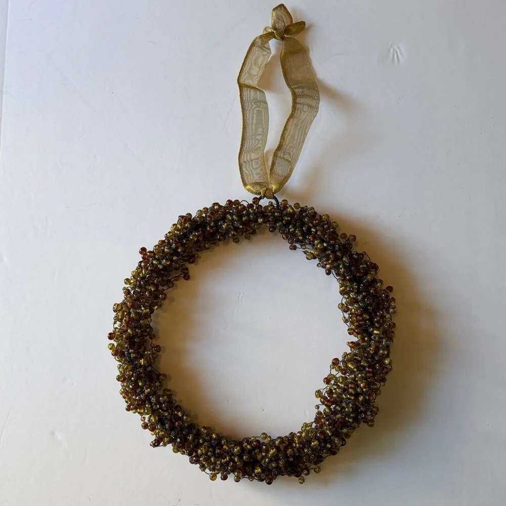 Pottery Barn BEADED WREATH Country Holiday Christmas Gold Ribbon Hanger VTG
